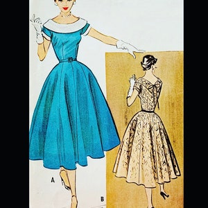 Puede incluir: Una ilustración de patrón de costura vintage con dos diseños de vestido. El diseño A es un vestido azul sólido con un cuello blanco ancho y cinturón. El diseño B es un vestido estampado con un detalle de lazo en la espalda, sobre fondo beige con A y B.