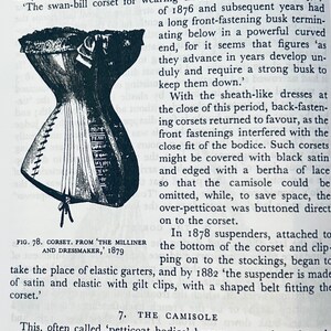 May include: A black and white illustration of a corset from the 1870s. The image is from the book "The Milliner and Dressmaker" published in 1879. The caption reads "Fig. 78. Corset. From 'The Milliner and Dressmaker,' 1879"