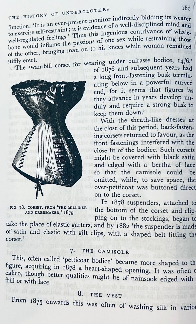 May include: A black and white illustration of a corset from the 1870s. The image is from the book "The Milliner and Dressmaker" published in 1879. The caption reads "Fig. 78. Corset. From 'The Milliner and Dressmaker,' 1879"