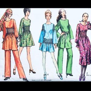 May include: A vintage sewing pattern featuring five different views of a mini-length dress with long sleeves and a gathered waist. The dresses are in various colors and patterns, including orange, green, blue, and floral.