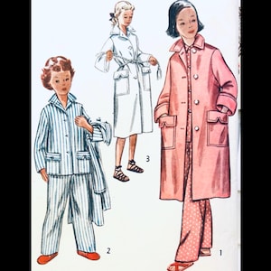 May include: Vintage illustration of sleepwear sets. A child wears blue and white striped pyjamas with a matching robe. Another figure models a white coat with a belt. A third figure wears a pink coat over polka dot pyjamas.