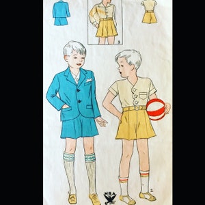 30s Little Boys Shirt Scalloped Button Front Suit Jacket Flared Boy&#39;s Shorts NRA Vintage Sewing Pattern Simplicity 1434 Size 6