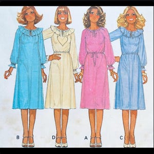 May include: Four women's dress patterns in different colours and styles. The patterns are labelled A, B, C, and D.