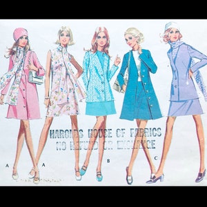 May include: Four women's fashion illustrations wearing different outfits. The women are wearing hats, coats, dresses, and skirts. The illustration is in a vintage style and includes the text "Harrods House of Fabrics No Refund or Exchange".
