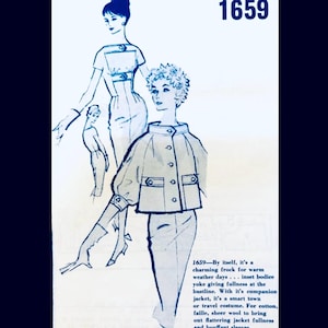 May include: Vintage fashion illustration featuring a woman in a jacket and skirt, with a second figure in a dress. The image includes the number "1659" and text describing the garments. The style is reminiscent of the mid-20th century.