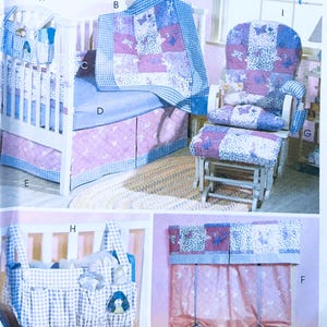 May include: A nursery set featuring a white crib with a blue and purple butterfly-themed quilt, crib skirt, and bumper. A matching rocking chair with a footstool and a window valance complete the set. The set has a gingham pattern.