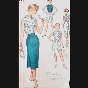 May include: A vintage sewing pattern featuring four different styles of sleeveless tops and skirts. The pattern is illustrated with a woman wearing a teal skirt and a white top with a floral print. The pattern is titled "Marilyn Harrison".