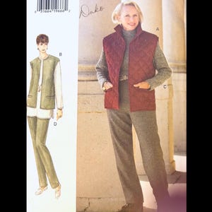 May include: A sewing pattern envelope featuring illustrations and photographs of clothing. The design includes a quilted vest with a high collar, a long-sleeved mock neck top, and straight-leg trousers. The pattern is labeled with the text Onko.