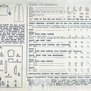 May include: Vintage sewing pattern for a boy's western shirt and pants, featuring various styles with short or long sleeves, flap pockets, and suspenders. Includes standard body measurements and fabric requirements. Pattern number 3025.