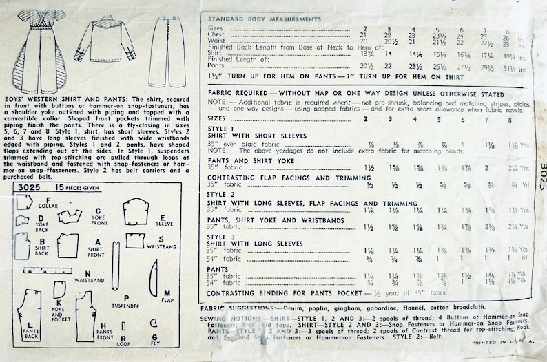 May include: Vintage sewing pattern for a boy's western shirt and pants, featuring various styles with short or long sleeves, flap pockets, and suspenders. Includes standard body measurements and fabric requirements. Pattern number 3025.