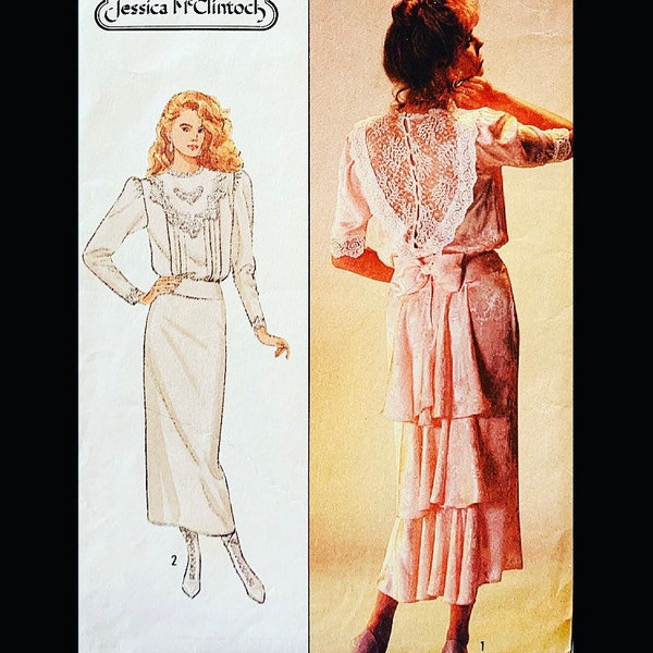 1980s 80s, Jessica McClintock, Blouson Dress,Edwardian Inspired, Bustle Back, Ladies Misses, Vintage Pattern, Simplicity 8224, Bust 31 B31