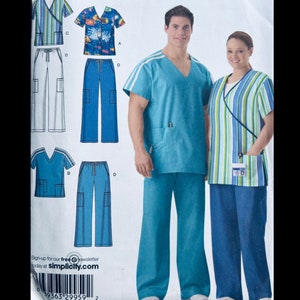 May include: A sewing pattern for scrubs with a variety of styles and colors. The pattern includes a striped top, a solid blue top, a patterned top, and a solid blue top with white stripes. The pattern also includes pants with pockets.