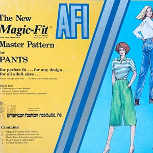 May include: A vintage sewing pattern package for pants, featuring the text "Magic-Fit Master Pattern" and illustrations of women's fashion. The package has a yellow background with blue and white accents, and includes instructions and pattern paper.