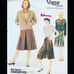 May include: Vogue Patterns American Designer fashion illustration featuring a woman in a brown pleated skirt suit and a woman in a green plaid skirt and jacket. The text "Sharon" is in red. The text "Bill Haire for FREDRICKS SPORT" is at the bottom.