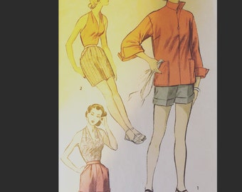 Vintage 50s Marilyn Halter Top Cuffed Bermuda Shorts in 2 Styles Zip Front Beach Jacket Sewing Pattern 6105 B34