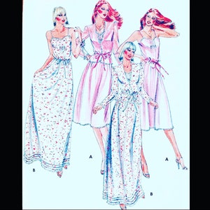 Può includere: Un'illustrazione di un modello di cucito che presenta tre donne che indossano diversi stili di abiti rosa e bianchi con motivi floreali. Il modello include un abito lungo con un orlo arricciato, un abito più corto con un orlo arricciato e una vestaglia lunga con una cintura a fiocco. Il modello è etichettato con le lettere A e B.