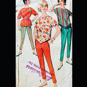 Simplicity 3703 B32, Tunic Top Pattern, Skinny Pants Sewing Pattern, Pedal Pushers Pattern, Pants Pattern, Vintage Blouse Pattern,