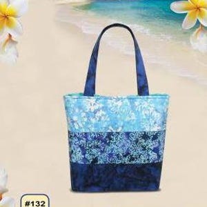 May include: A blue tote bag with a floral pattern. The bag features a combination of light and dark blue fabrics, with a solid blue base and handles. The bag is designed for carrying items and has a rectangular shape.