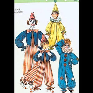 May include: A sewing pattern illustration featuring four clown costumes. One costume has a blue jacket with red and white striped pants. Another is a yellow jumpsuit with a ruffled collar and cone hat. A third is a blue jumpsuit with pom-poms.