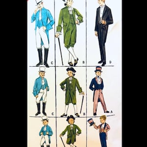 May include: Illustration of various historical men's outfits, including a blue coat with white breeches and tall black boots, a green coat with a tricorn hat and cane, and a black tuxedo. The outfits are labeled with letters.