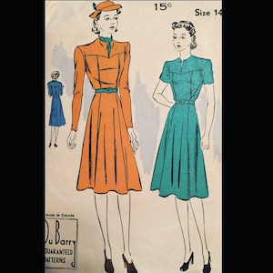 30s Shirtwaist Yoked Bodice Gored Skirt Slit Neckline Frock Dress Vintage Sewing Pattern Dubarry 2335 B32 image 1