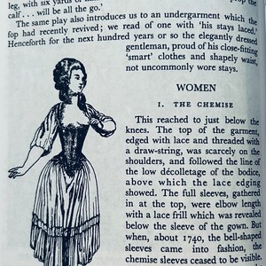 May include: A black and white illustration of a woman wearing a chemise, a type of undergarment, with a lace trim. The text in the image reads "The History of Underclothes" and "Women".