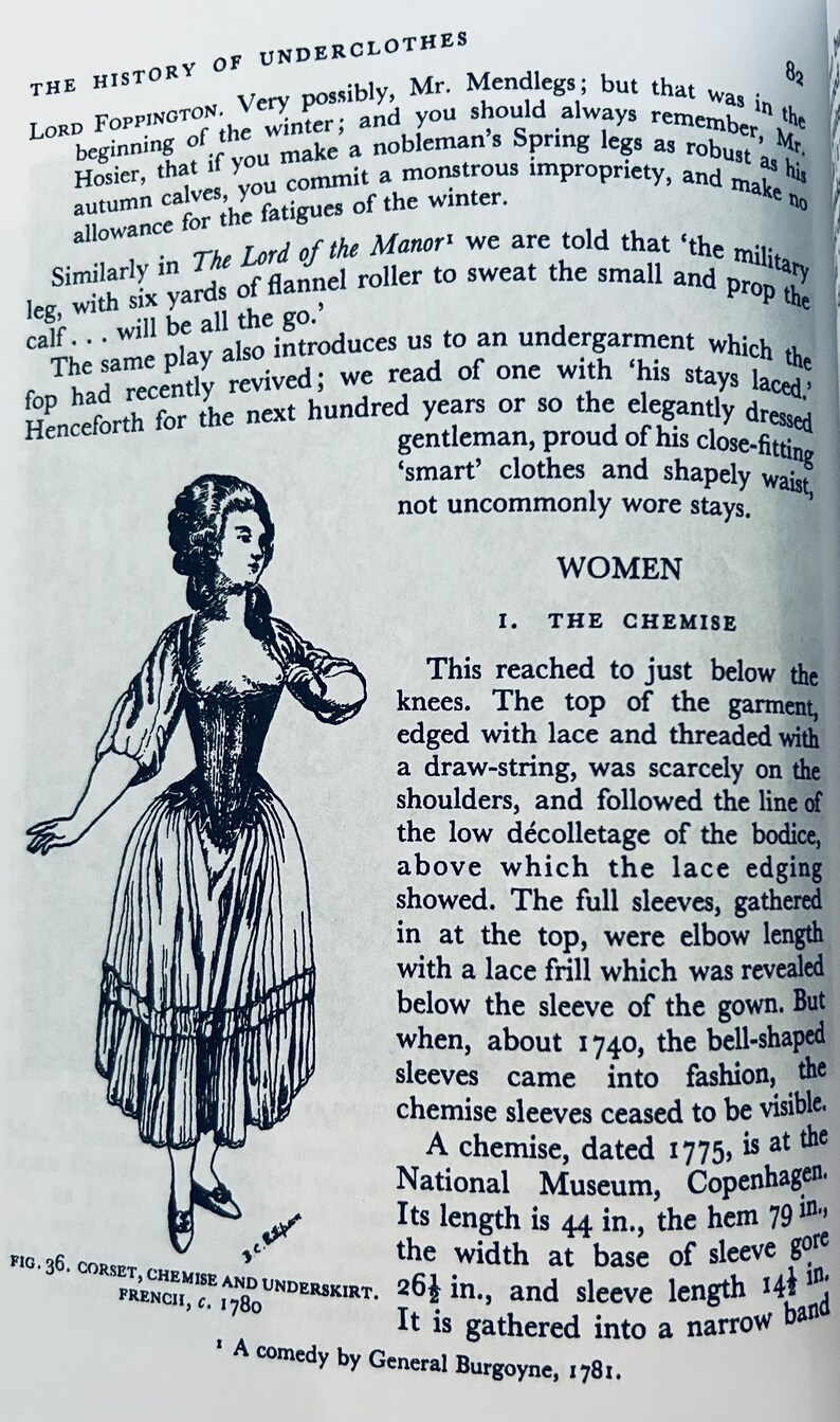 May include: A black and white illustration of a woman wearing a chemise, a type of undergarment, with a lace trim. The text in the image reads "The History of Underclothes" and "Women".