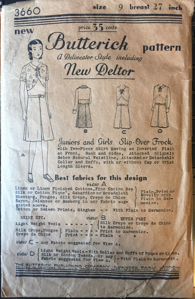 Antique Vintage 1930s Junior Girl's Slip Over Pleat Front Frock Dress Sewing Pattern Butterick 3660 Size 9 image 3