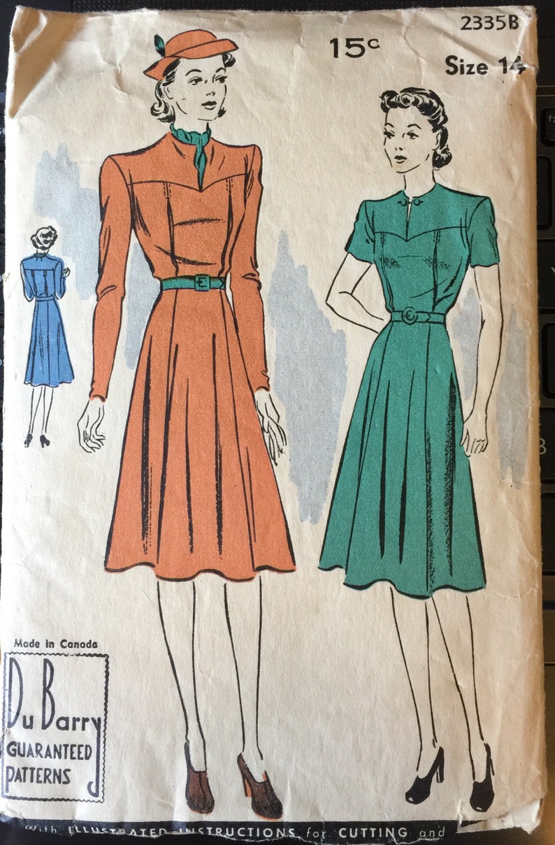 30s Shirtwaist Yoked Bodice Gored Skirt Slit Neckline Frock Dress Vintage Sewing Pattern Dubarry 2335 B32 image 3