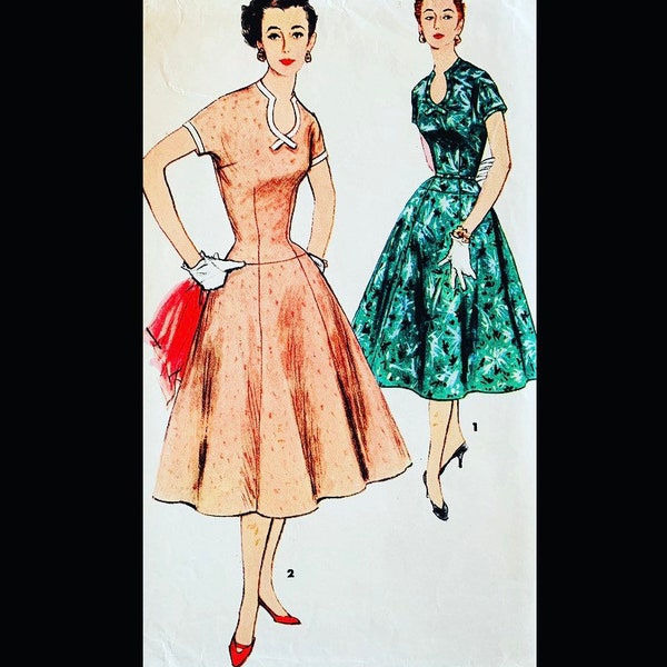 Simplicity 1091 B34, Keyhole Dress Pattern, Fit N Flare Dress Pattern, Drop Waist Dress Pattern, Vintage 50s Dress Pattern, 1950s Pattern