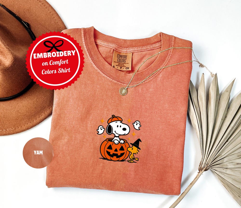 Embroidered Halloween Dog Shirt, Snoopy Halloween Shirt, Embroidered Peanuts Ghosts Tee, Cute Cartoon Fall Shirt, Snoopy Woodstock Halloween Fashion24Hs