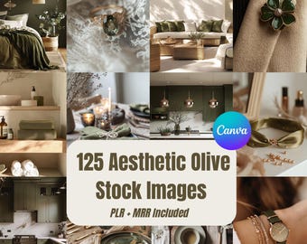 Pakiet zdjęć stockowych PLR Green | 125 zdjęć stockowych o tematyce oliwek | Pakiet Canva MRR Lifestyle, neutralny wystrój domu i prawa do odsprzedaży
