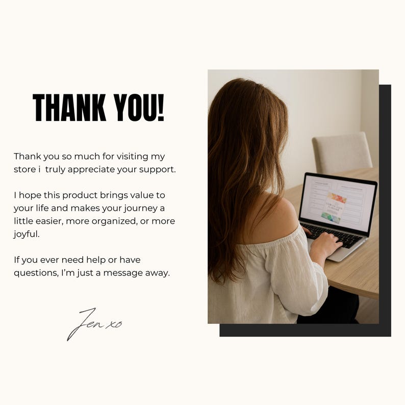 Op de afbeelding: Afbeelding met de tekst "THANK YOU!" in vette zwarte letters, gevolgd door een bedankbericht. Een persoon zit aan een houten bureau en gebruikt een laptop. Het laptopscherm toont een kleurrijke grafiek.