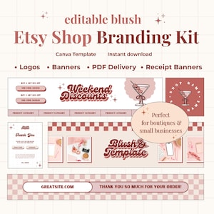 Puede incluir: Un kit de branding para tiendas Etsy en tonos rosados con el texto "editable blush Etsy Shop Branding Kit". Incluye logotipos, banners y banners de recibos. Presenta el texto "Weekend Discounts" y "Blush & Template". Incluye una plantilla "Thank You" y una dirección web.