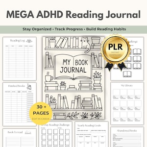 May include: A black and white reading journal with the text "MEGA ADHD Reading Journal". The journal includes pages for tracking reading progress, reading logs, and yearly goals. It features a bookshelf design with a cat and the text "MY BOOK JOURNAL".