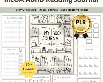 Mega ADHD-leesdagboek Boekplanner | Canvasjabloon van 30+ pagina's | Digitale download | PLR-rechten | Leeslogboek en boektracker
