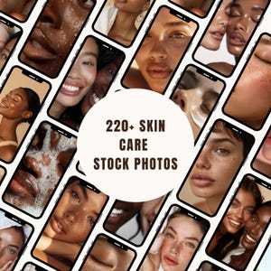 Op de afbeelding: Een collage van smartphoneschermen met diverse gezichten met verschillende huidverzorgingsbehandelingen. De centrale afbeelding toont de tekst "220+ SKIN CARE STOCK PHOTOS" in een witte cirkel. De afbeeldingen tonen schoonheids- en huidverzorgingsthema's.