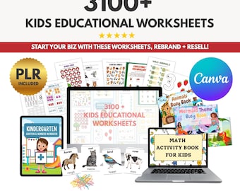 Peut inclure: Image présentant des feuilles de travail éducatives pour enfants. L'image comprend un ordinateur portable, une tablette et diverses feuilles de travail imprimées avec des titres tels que "Cahier d'exercices d'addition et de nombres pour la maternelle" et "Cahier d'activités de mathématiques pour enfants". Le texte indique "3100+ Fiches pédagogiques pour enfants."