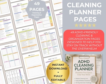 ADHD Cleaning Planner Canva Bundle 49 Page Printable Organizer for Neurodivergent Adults Executive Function Home Cleaning Checklist System