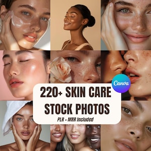Op de afbeelding: Een collage van afbeeldingen met diverse gezichten met een stralende huid, sommige met huidverzorgingsproducten. De afbeeldingen tonen close-ups van gezichten met sproeten. Tekstoverlay luidt "220+ SKIN CARE STOCK PHOTOS" met "PLR + MRR Included".