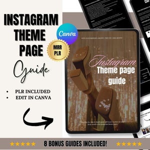 Puede incluir: Una guía digital con un diseño dorado y azul, titulada "Instagram Theme Page Guide". La guía incluye una guía paso a paso para crear páginas de temas de Instagram, con el texto "PLR Included" y "Edit in Canva".