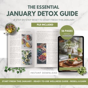 May include: A digital guide titled "The Essential January Detox Guide" with the text "A step-by-step reset to start fresh this January." The guide includes 56 pages and is available for instant download. The image also features a tablet displaying the guide.