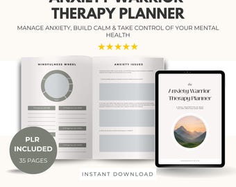 Planificador de terapia para la ansiedad con PLR / Diario de salud mental de más de 35 páginas, hojas de trabajo para la ansiedad, rastreadores de estado de ánimo y sueño, imprimible de autocuidado