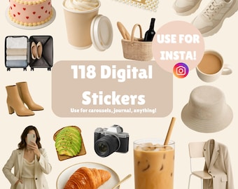118 neutrale ästhetische digitale Aufkleber für Instagram & Planer | Canva Aufkleber | Story Karussell Clipart für Kreative