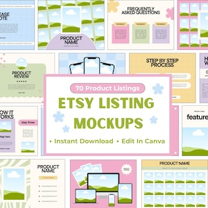 May include: A digital design featuring Etsy listing mockups, with templates for product presentations. The central graphic states "70 Product Listings Etsy Listing Mockups" and "Instant Download • Edit In Canva". The design incorporates pastel colours and floral motifs.