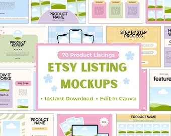 70 Etsy Artikel-Mockups | Bearbeitbare Canva-Auflistungsbilder für digitale Produkte, Printables & Planner | Sofort Download