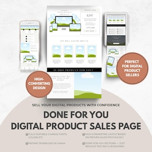 May include: A digital product sales page template displayed on a computer, tablet, and phone. The design features a clean layout with green and white elements. Text includes "Done For You Digital Product Sales Page" and "High-Converting Design."