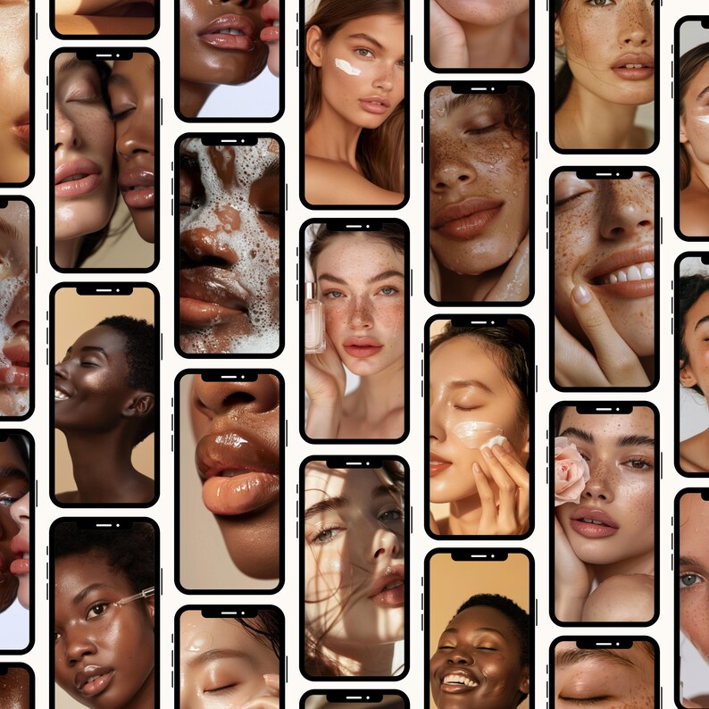 Op de afbeelding: Een herhalend patroon van smartphoneschermen met close-up beelden van diverse gezichten. De beelden tonen huidverzorgingsroutines, waaronder het aanbrengen van cr&egrave;mes en serums. Huidtinten vari&euml;ren, en sommige gezichten hebben sproeten. De achtergrond is cr&egrave;mekleurig.