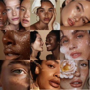 Op de afbeelding: Een collage van close-up portretten met diverse huidtinten en texturen. De afbeeldingen benadrukken sproeten, een dauwachtige huid en diverse schoonheidsbehandelingen. Sommige onderwerpen hebben waterdruppels, andere tonen huidverzorgingsproducten en een roos.