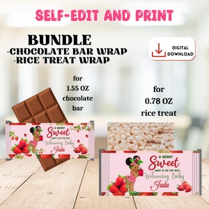 May include: Printable digital download for a baby shower. The design features a pink and green background with strawberries and a cute cartoon baby girl. The text reads "A Berry Sweet Baby is on the Way, Welcoming Baby Jada". The download includes a chocolate bar wrapper and a rice treat wrapper.